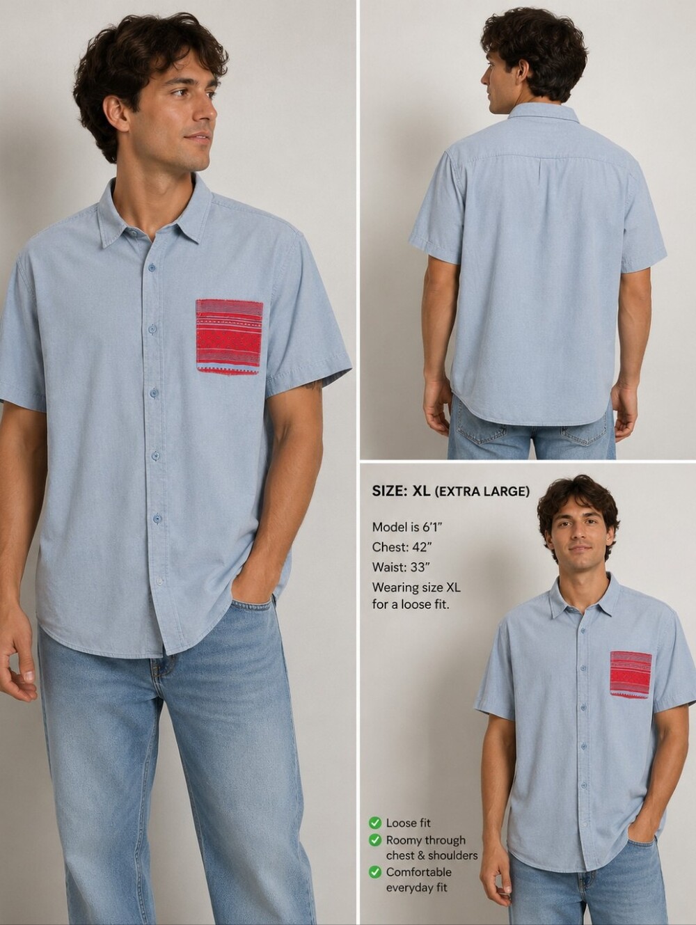 Tony Hawk Men’s Light Blue Casual Shirt – XL – Red Pattern Pocket – 100% Cotton